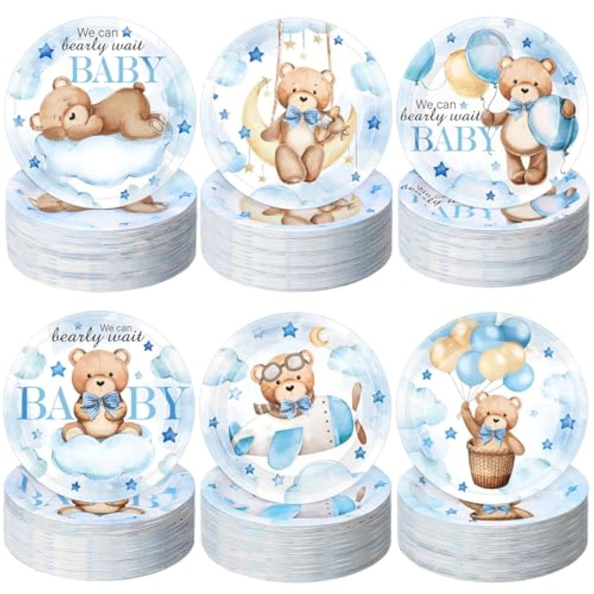 60 Pcs 7 Inch Blue Bear Baby Shower Paper Plates We Can Bearly Wait Decorations Tableware Baby Gender Reveal Plates For Spring Party Supplies