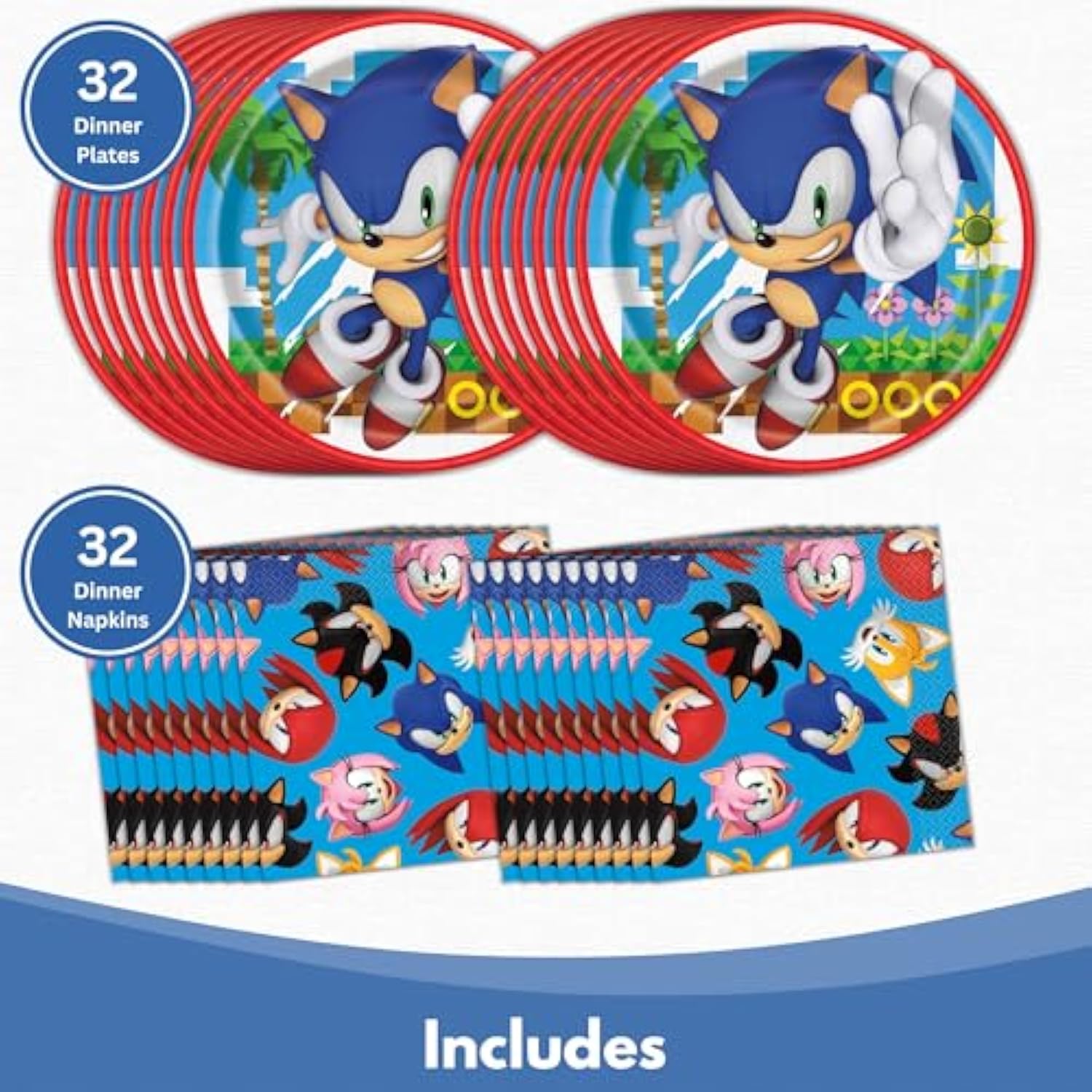 Unique Sonic Plates and Napkins for 32 - Sonic Birthday Party Decorations - 32 Plates and 32 Napkins - Party Supplies