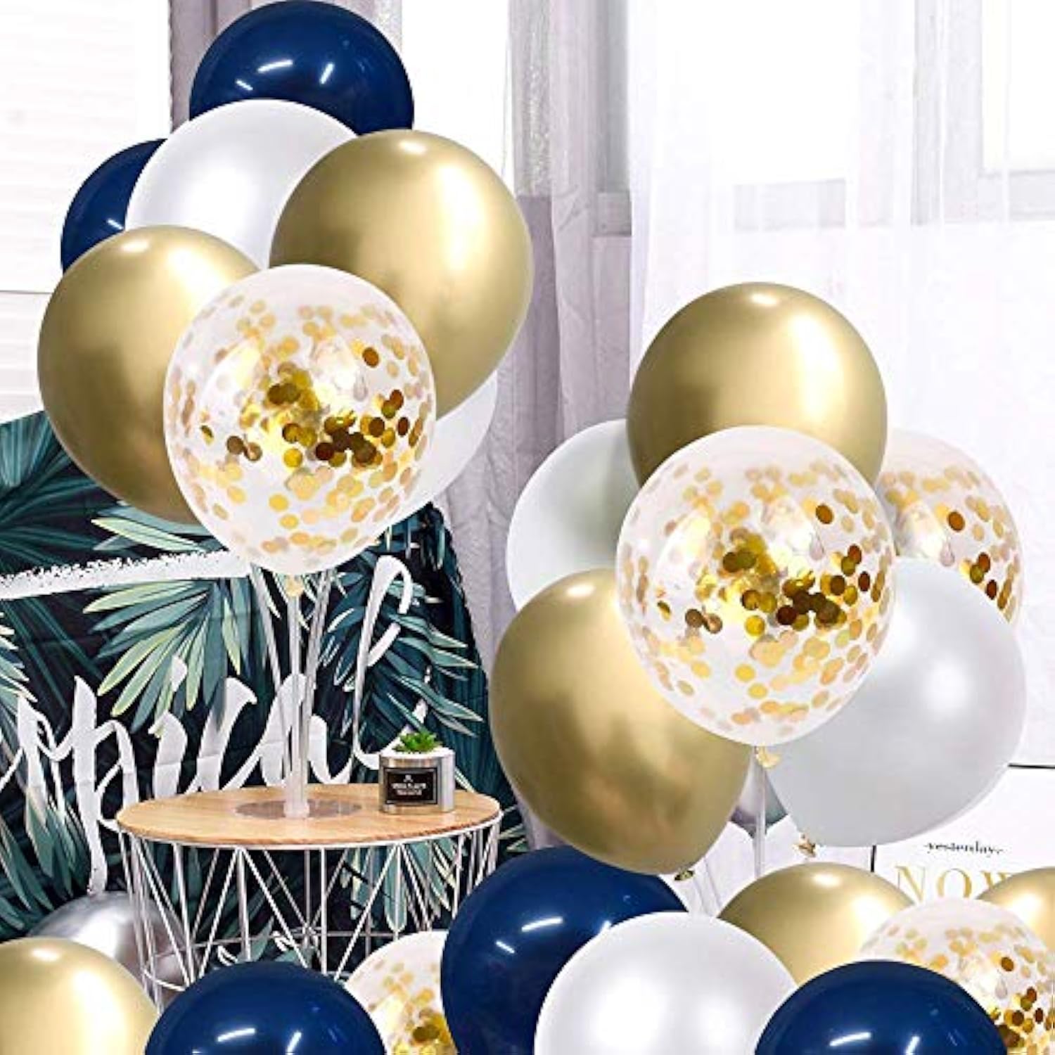 Navy Blue And Gold Confetti Balloons, 50 Pcs 12 Inch Pearl White And Gold Metallic Chrome Birthday Balloons For Celebration Graduation Party Balloons