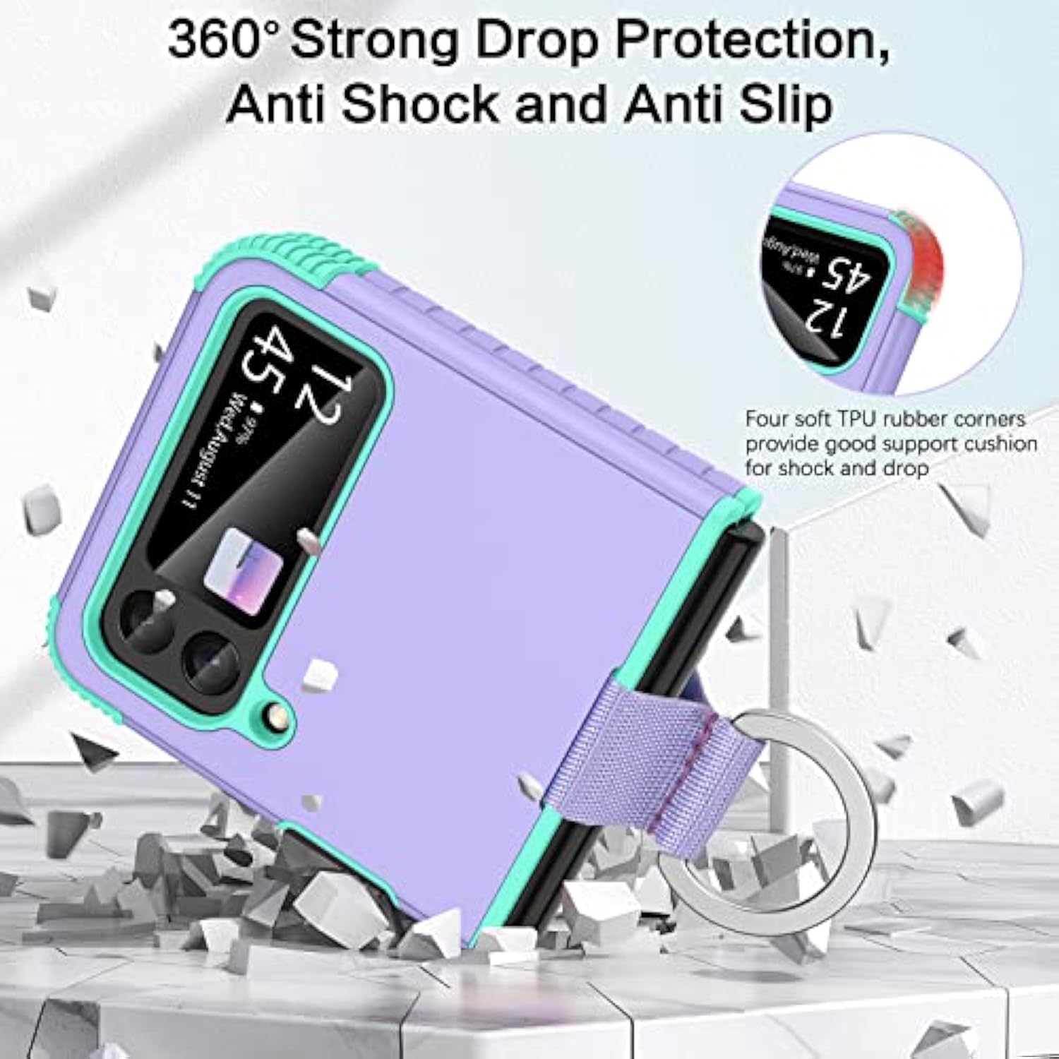For Samsung Galaxy Z Flip 4 Case, Z Flip 4 5G Case, Heavy Duty 2 In 1 Full Body Rugged Shockproof Protection Cover With Ring Girls Women Boy Men Covers, Purple/Mint
