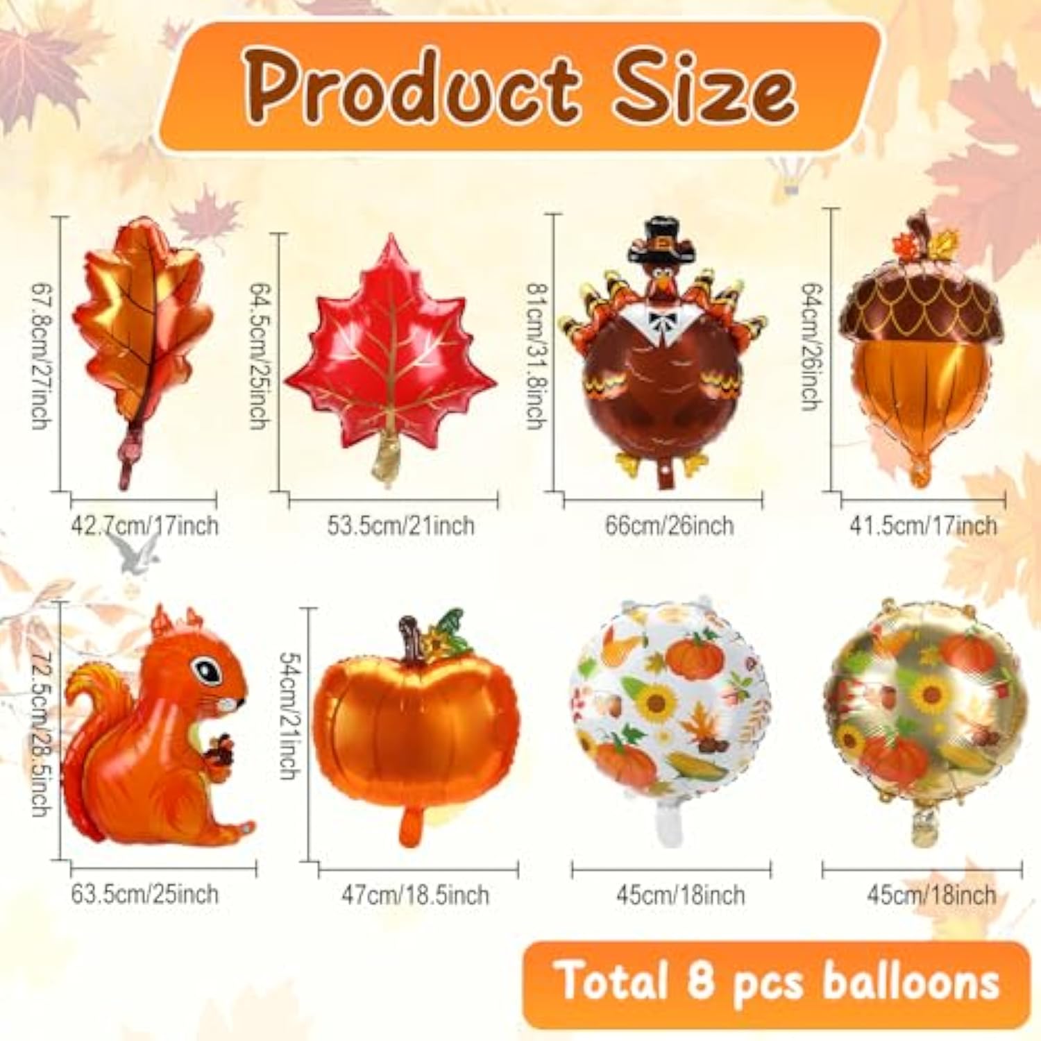 Thanksgiving Foil Balloon Set: Turkey, Pumpkin, Maple Leaf, Squirrel (8 Pcs)