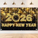 70.8x45in Happy New Year 2026 Banner Black Gold Party Backdrop Decorations