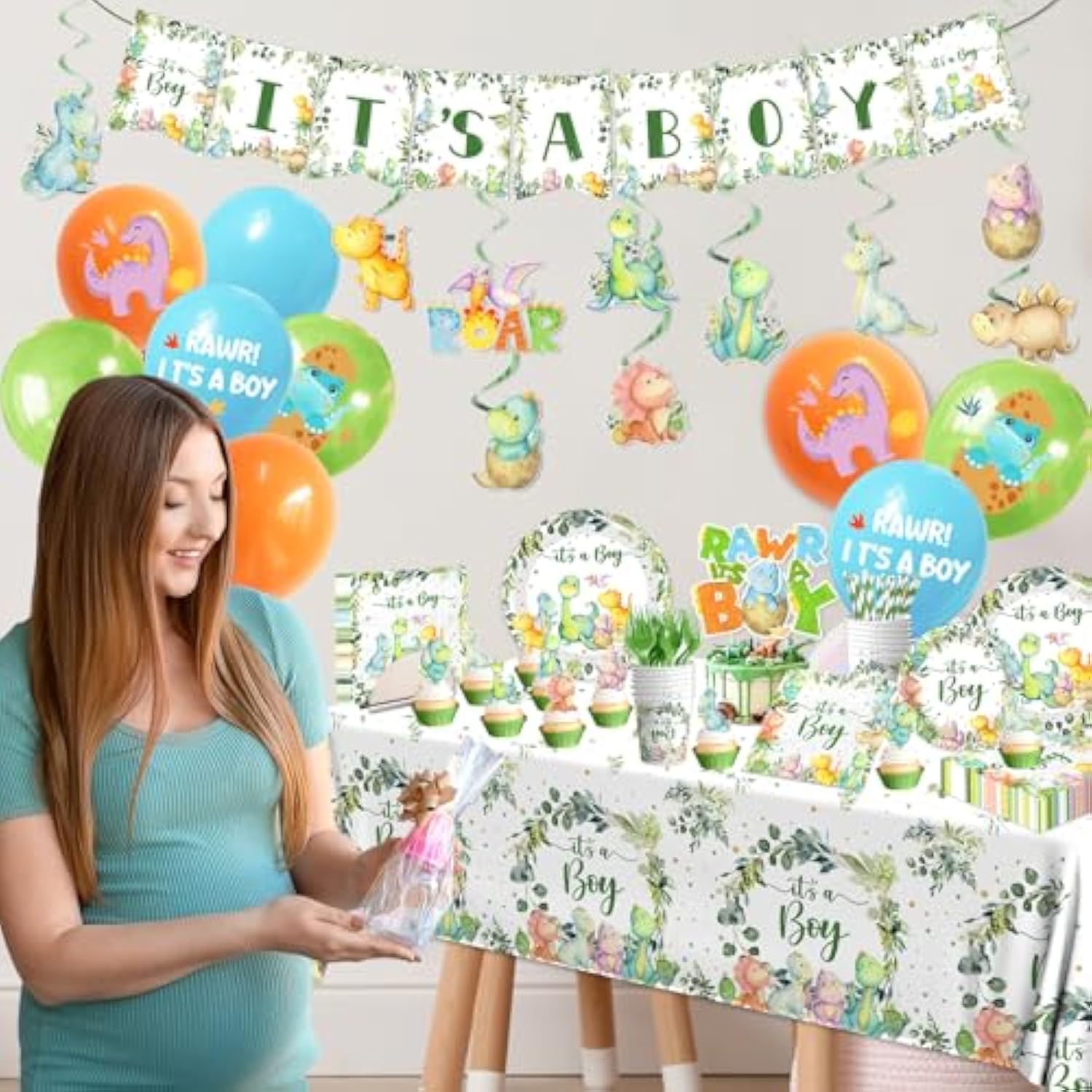 Dinosaur Baby Shower Decorations For Boy, It'S A Boy Baby Shower Party Supplies Disposable Dino Plates Napkins Banner Tablecloth Cake Topper Balloon For Dinosaur Birthday Party Decorations, Serve 24