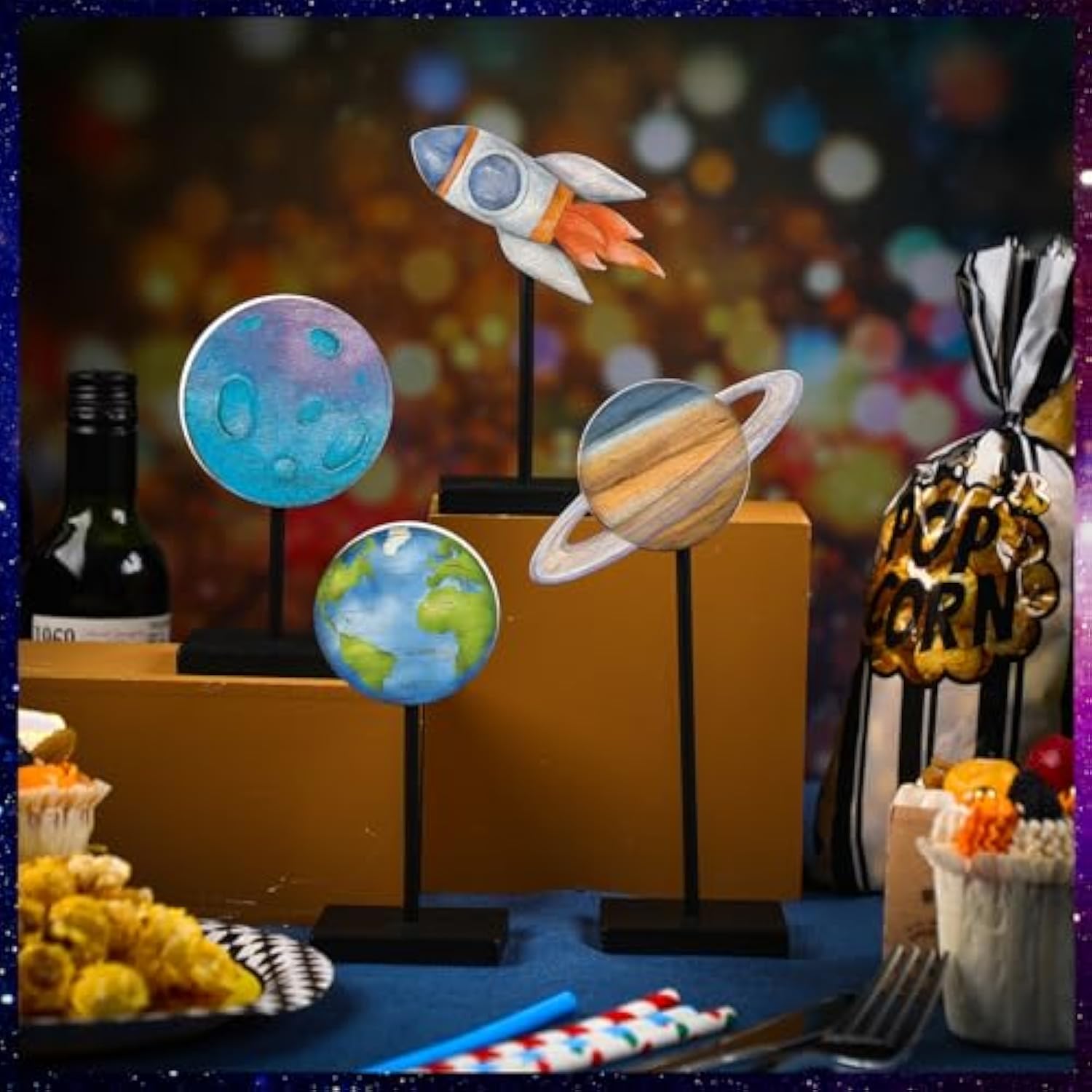 4 Pcs Outer Space Centerpieces For Tables Outer Space Party Decorations Baby Shower Wooden Standing Rustic Planets Earth Block For Boy Solar System Birthday Decorations Party Supplies