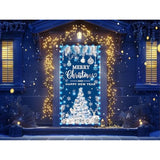 Lighted Christmas Door Cover For Front - Merry Xmas Banner Blue Silver Tree Themed Decorations With Lights, Christmas And Happy New Year Backdrop For Holiday Party Supplies