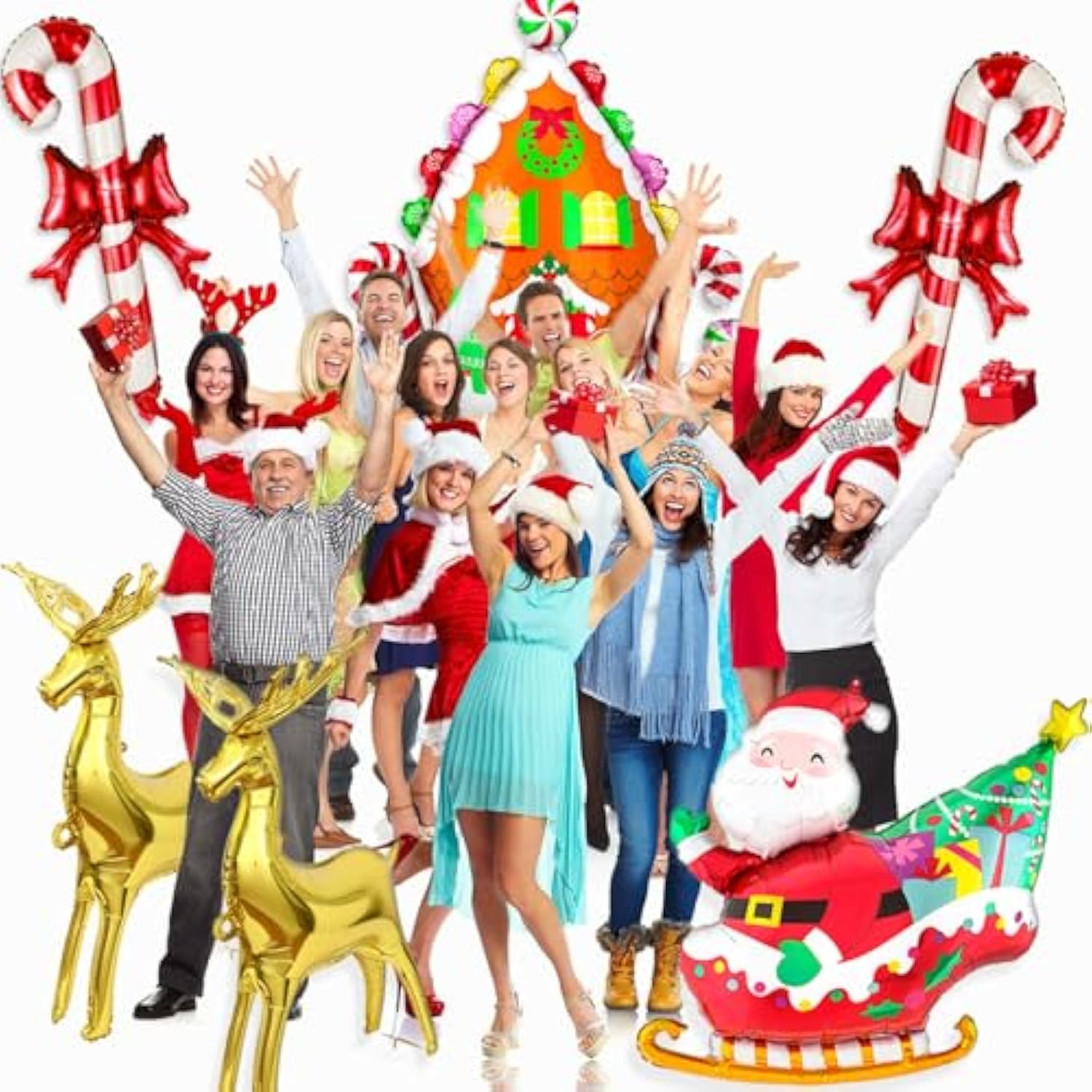 6Pcs Christmas Balloons Set - Large Santa, Reindeer, Candy Cane Foil Balloons For Christmas Party Decor