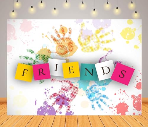 7x5ft Fabric Friends Theme Backdrop Splashed Ink Handprint Rainbow Color Friends Background Friendship Theme Party Decorations Banner School Event Photoshoot Props