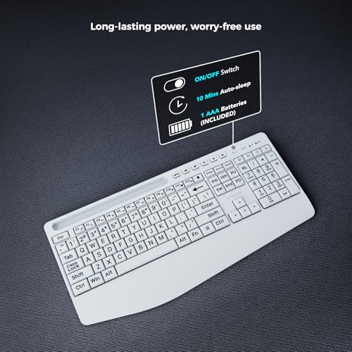 Large Print Wireless Keyboard, Full Size Cordless Computer Keyboard With Phone Holder, Palm Rest, Ergonomic Tilt Angle, 2.4G Plug-And-Play, Compatible With Tablet/Windows/Laptop/Pc, White