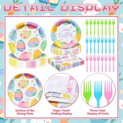 96 Pieces Easter Tableware Set Party Supplies - Happy Easter Colorful Eggs Pattern Disposable Paper Plates, Napkins, Forks Dinnerware for Spring Celebrations, Picnics, Serves 24 Guests