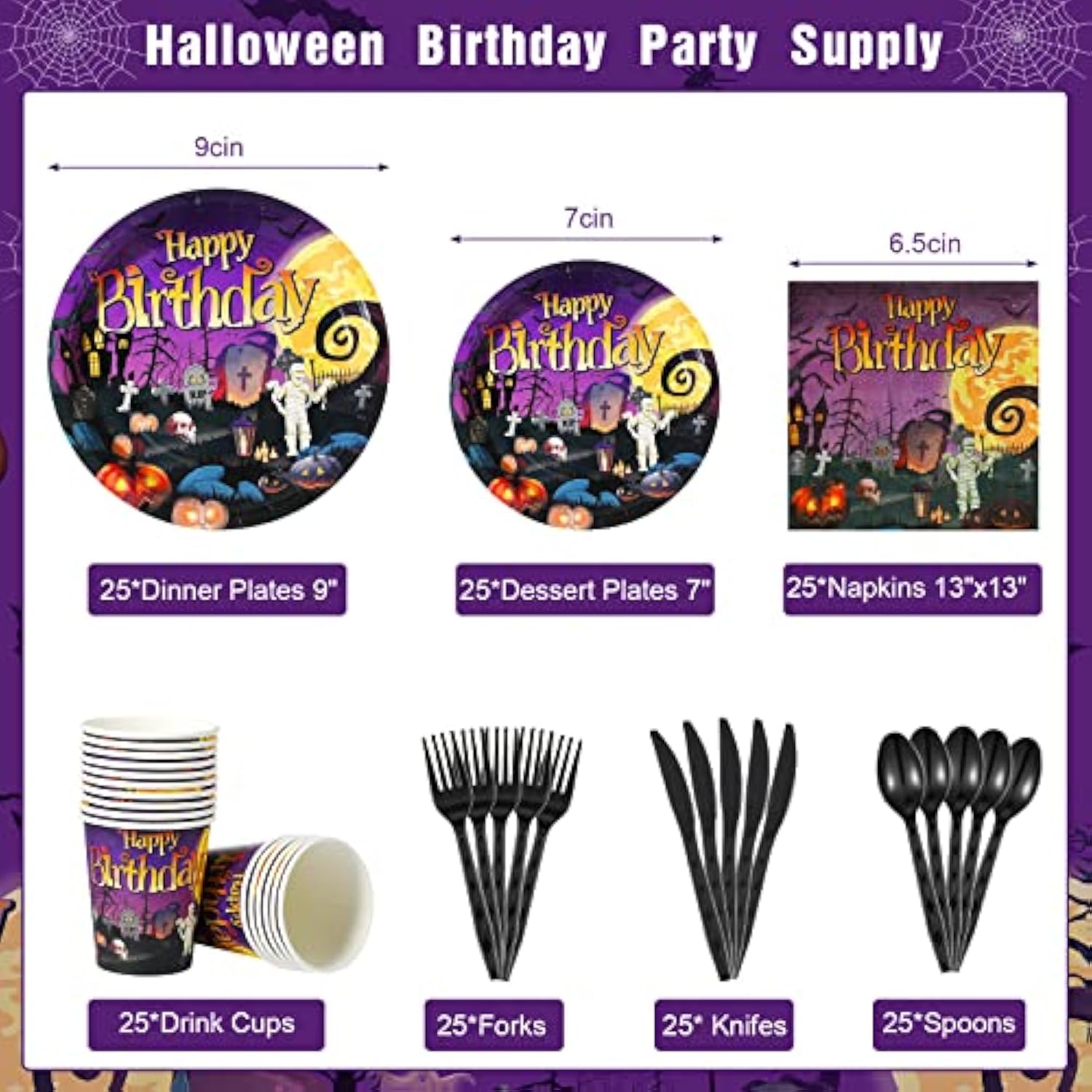 Halloween Party Tableware Set for 25 – Kids’ Birthday Plates, Cups & Utensils, Disposable Decor