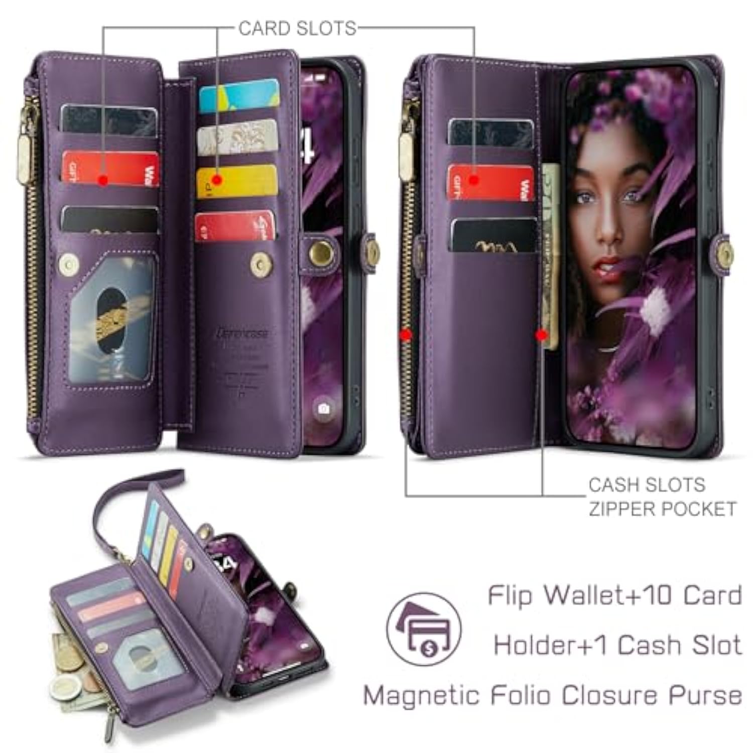 Compatible With Samsung Galaxy S24 Plus Case Wallet With Rfid Blocking Card Holder For Women, Pu Leather Magnetic Snap Flip Zipper Strap Phone Case Fit For Galaxy S24 Plus 5G 6.7", Purple