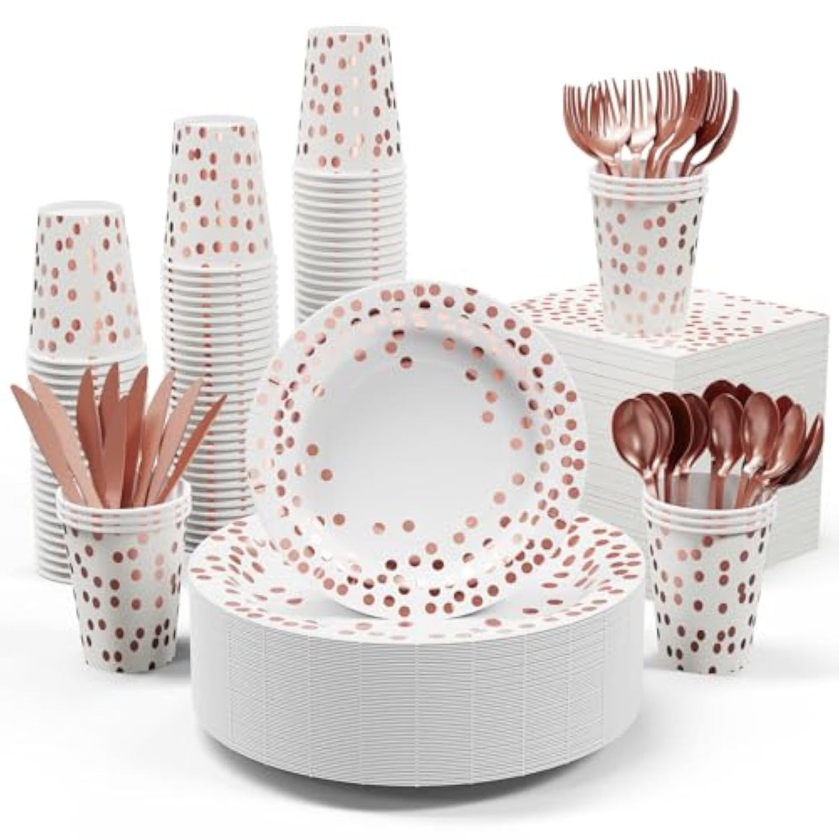 White And Rose Gold Party Supplies - 350 Pcs Disposable Dinnerware Set - White Paper Plates Napkins Cups, Gold Plastic Forks Knives Spoon For Graduation, Birthday, Cocktail Party