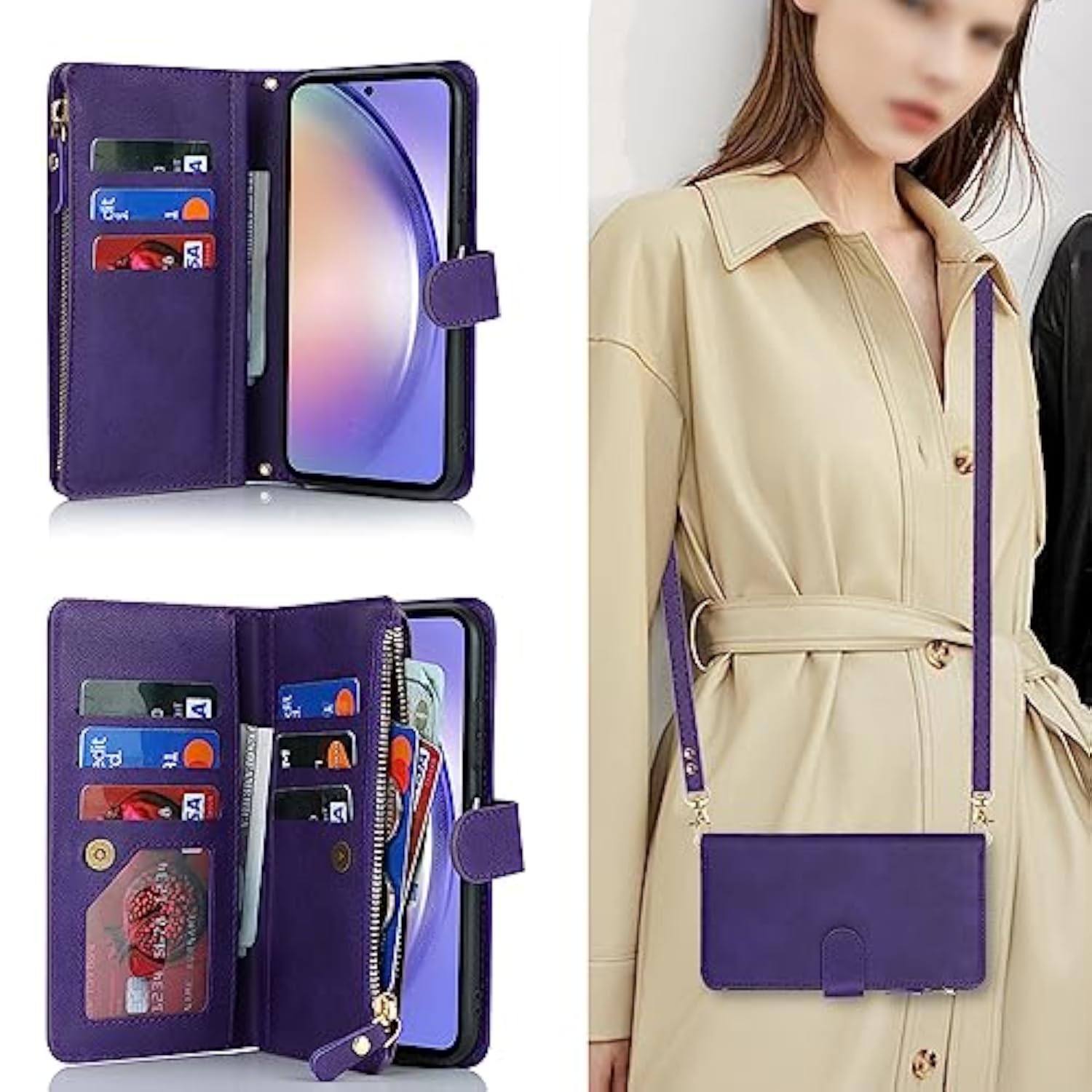 Samsung Galaxy A54 5G Premium PU Leather Wallet Case with Card Holder and Crossbody Strap