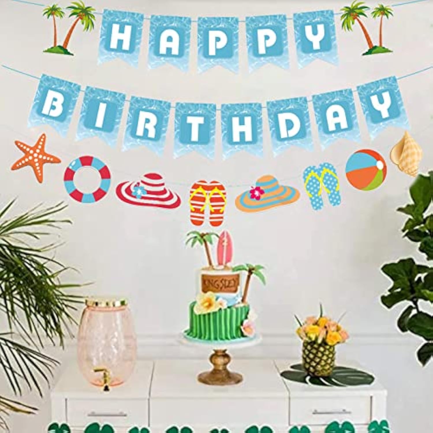 Seaside Happy Birthday Party Decoration Blue White Sign Starfish Conch Hanging Paper Banner For Kids Adults Tropical Hawaiian Beach Pool Summer Accessories Supplies