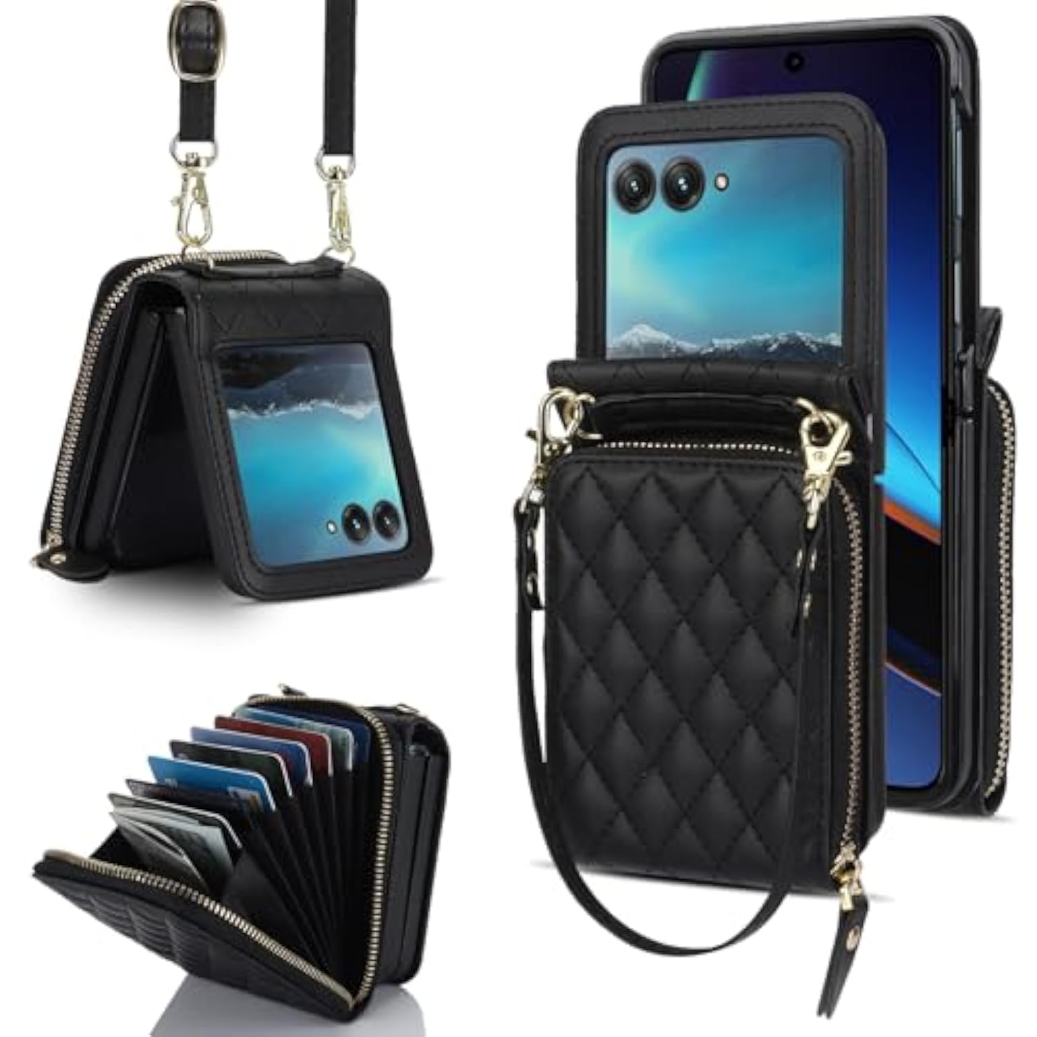Compatible For Motorola Razr 2024 Case With Card Holder,Wallet Phone Cover For Moto Razr 2024 Leather Wristlet Finger Loop Case With Detachable Strap For Moto Razr 50 Black