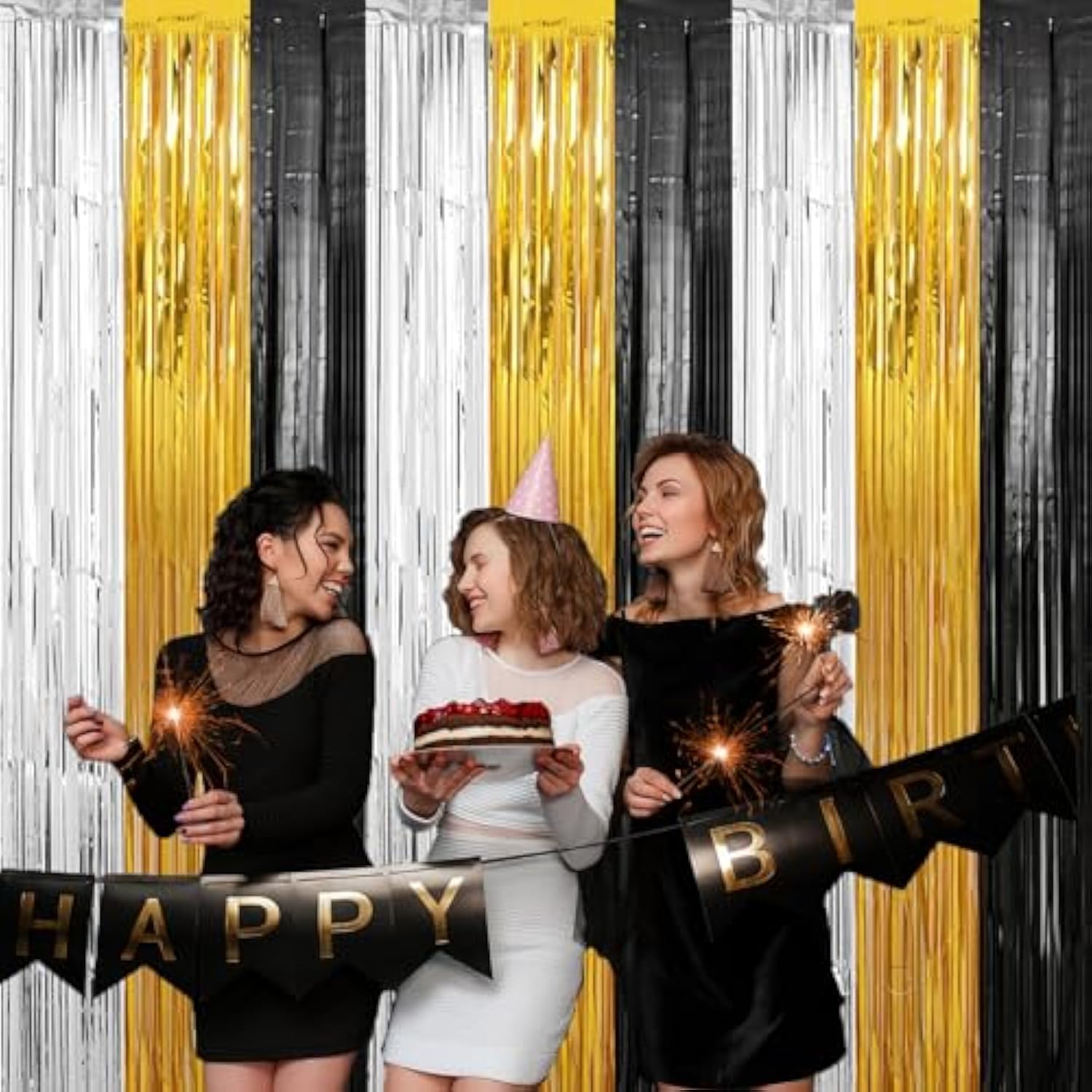 Black Gold Silver Star Foil Fringe Curtains 3 Pack Party Decor