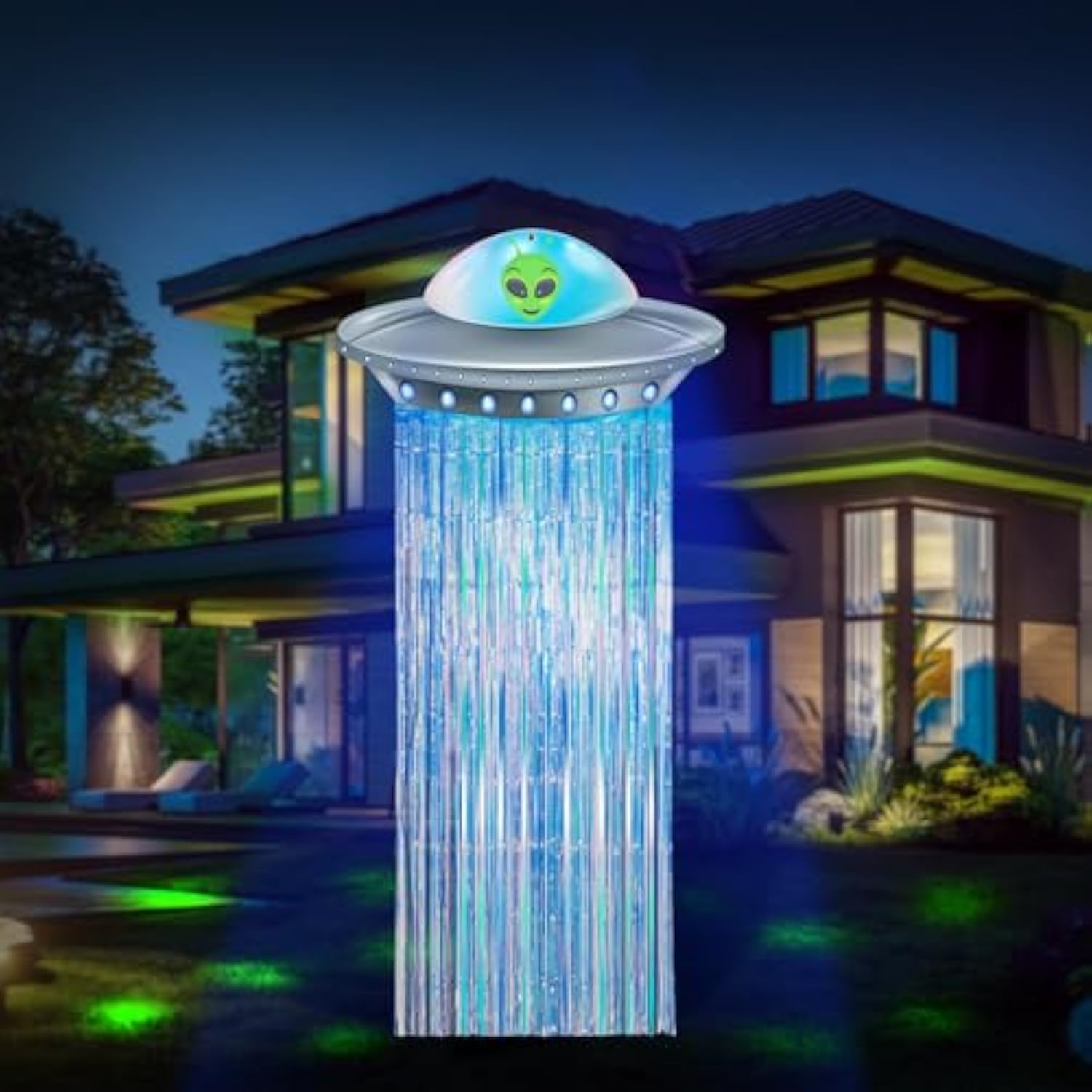 Alien Birthday Party Decorations Door Curtain With Foil Fringe Tinsel Spacecraft Flying Saucer Spaceship Hanging Banner For Alien Halloween Party(Golden Blue)