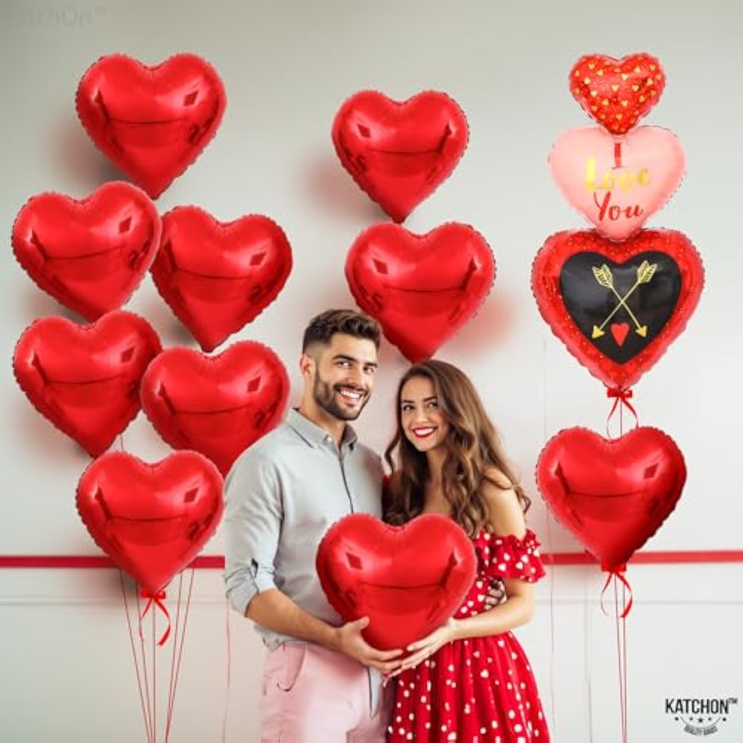 , Big 12+1 Red Heart Balloons Decorations - 38 Inch, Pack Of 13 | Hear