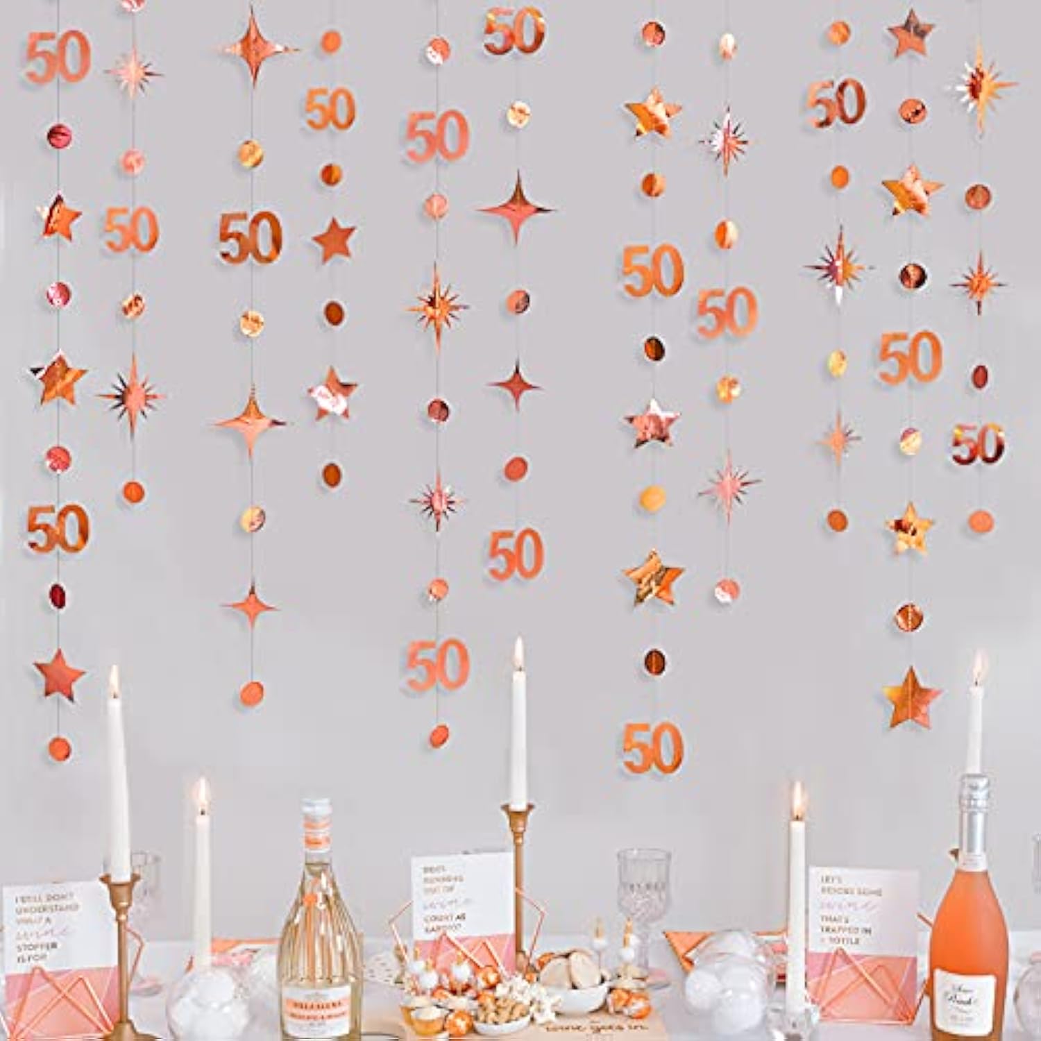 Rose Gold 50th Birthday Garland – Twinkle Stars & Number 50 Bunting for Anniversary