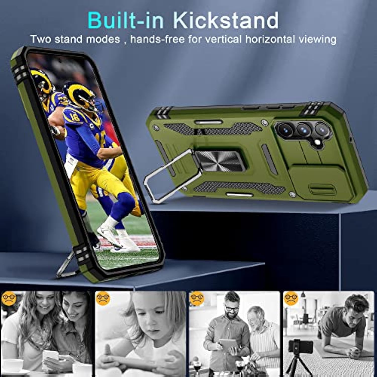 Case For Samsung Galaxy A54 5G With Slide Camera Cover+Screen Protector(1 Pack),Rotated Ring Kickstand Military Grade Shockproof Protective Cover-Olive Green