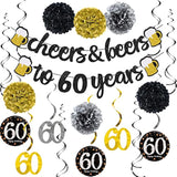 60th Birthday Black and Gold Cheers Banner with Pom Poms and Swirls
