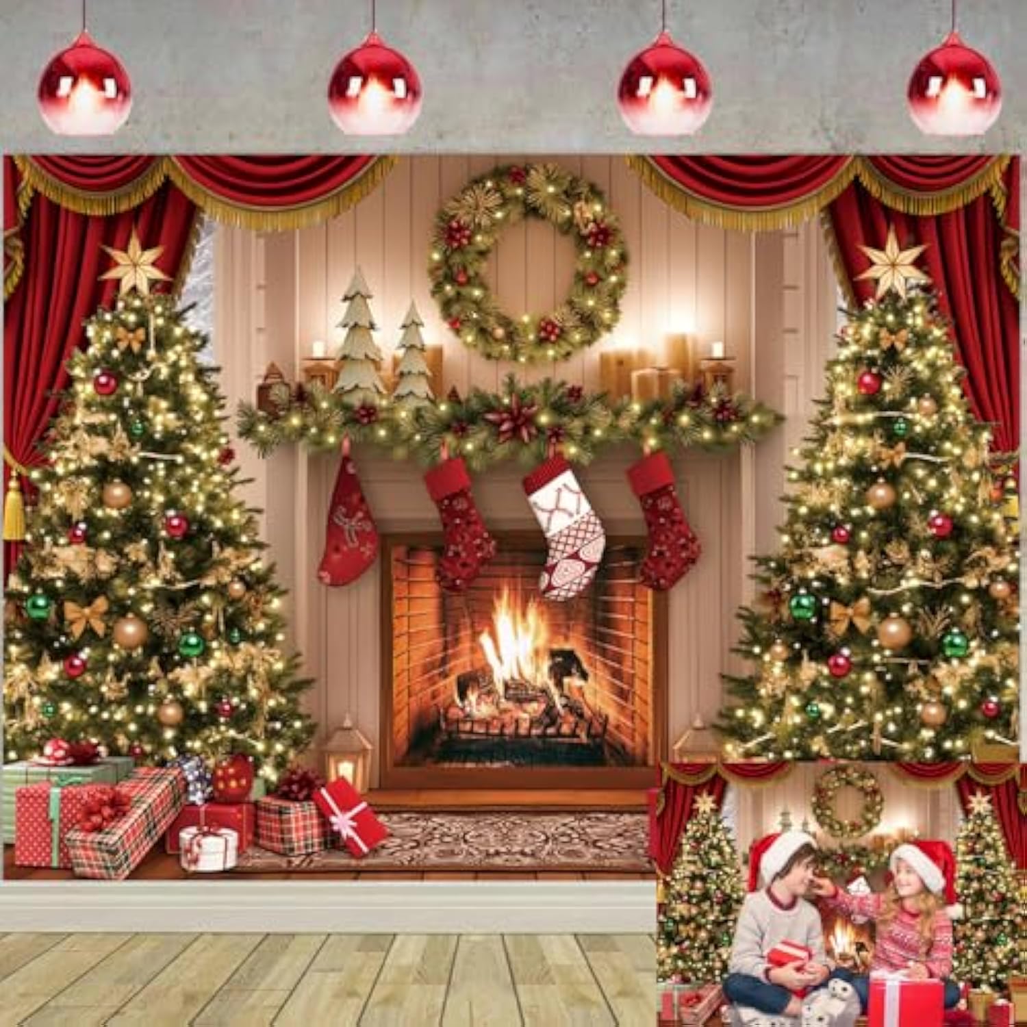Christmas Photography Backdrop 6x4ft Tree & Fireplace Party Banner
