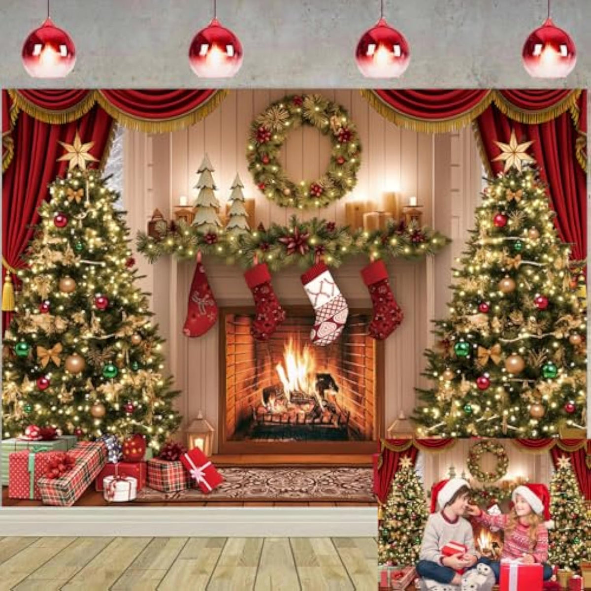 Christmas Photography Backdrop 6x4ft Tree & Fireplace Party Banner