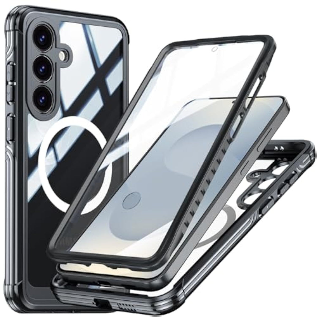Miimall Strong Magnetic for Samsung Galaxy S25 Case, [Built-in Glass Screen Protector][Compatible with Magsafe][Military Shockproof Dropproof] Full Body Heavy Duty Phone Case for S 25, Black/Clear