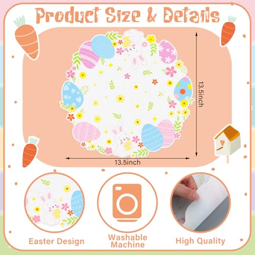 Round Easter Placemats Set of 6, 13.5" x 13.5" Easter Egg Bunny Rabbit Place Mats Flower Floral Doily Linen Seasonal Spring Table Decor for Home Party Kitchen Dining Tableware Decorations