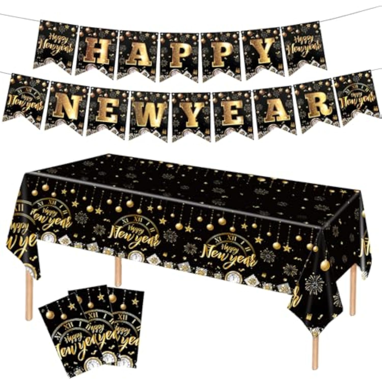 Happy New Year Decorations, 3 Pack New Years Eve Party Supplies Disposable Plastic Table Covers 54 X108 Inch And New Year Banner For 2026 New Years Eve Party Decorations