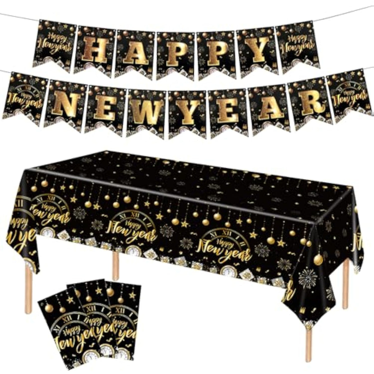 Happy New Year Decorations, 3 Pack New Years Eve Party Supplies Disposable Plastic Table Covers 54 X108 Inch And New Year Banner For 2026 New Years Eve Party Decorations