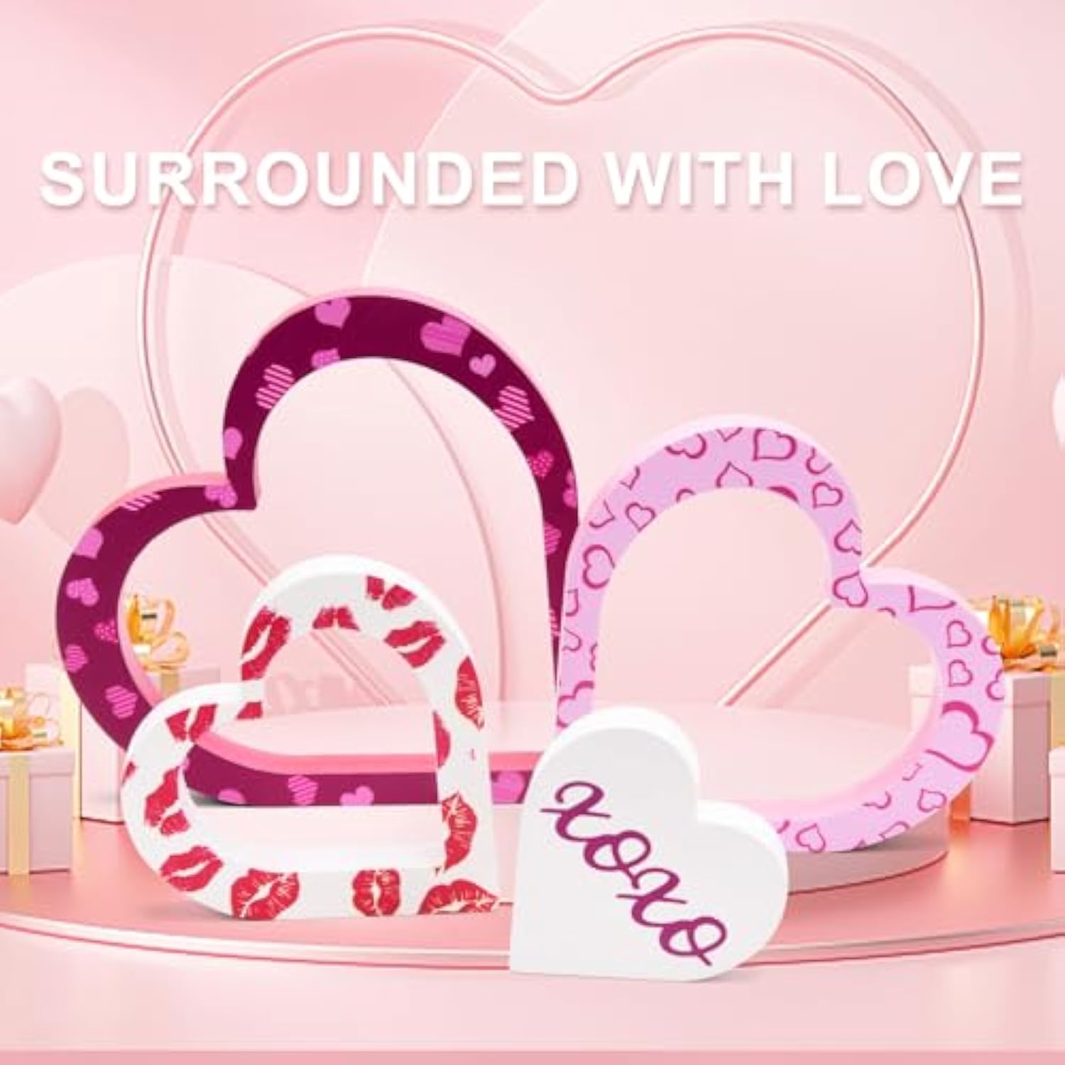 Wooden Valentines Day Decor - 4 Pcs Double-Sided Cute Wood Heart Signs For Valentines Decorations - Valentines Day Decorations For The Home, Table, Tiered Tray, Mantel, Office, Bedroom
