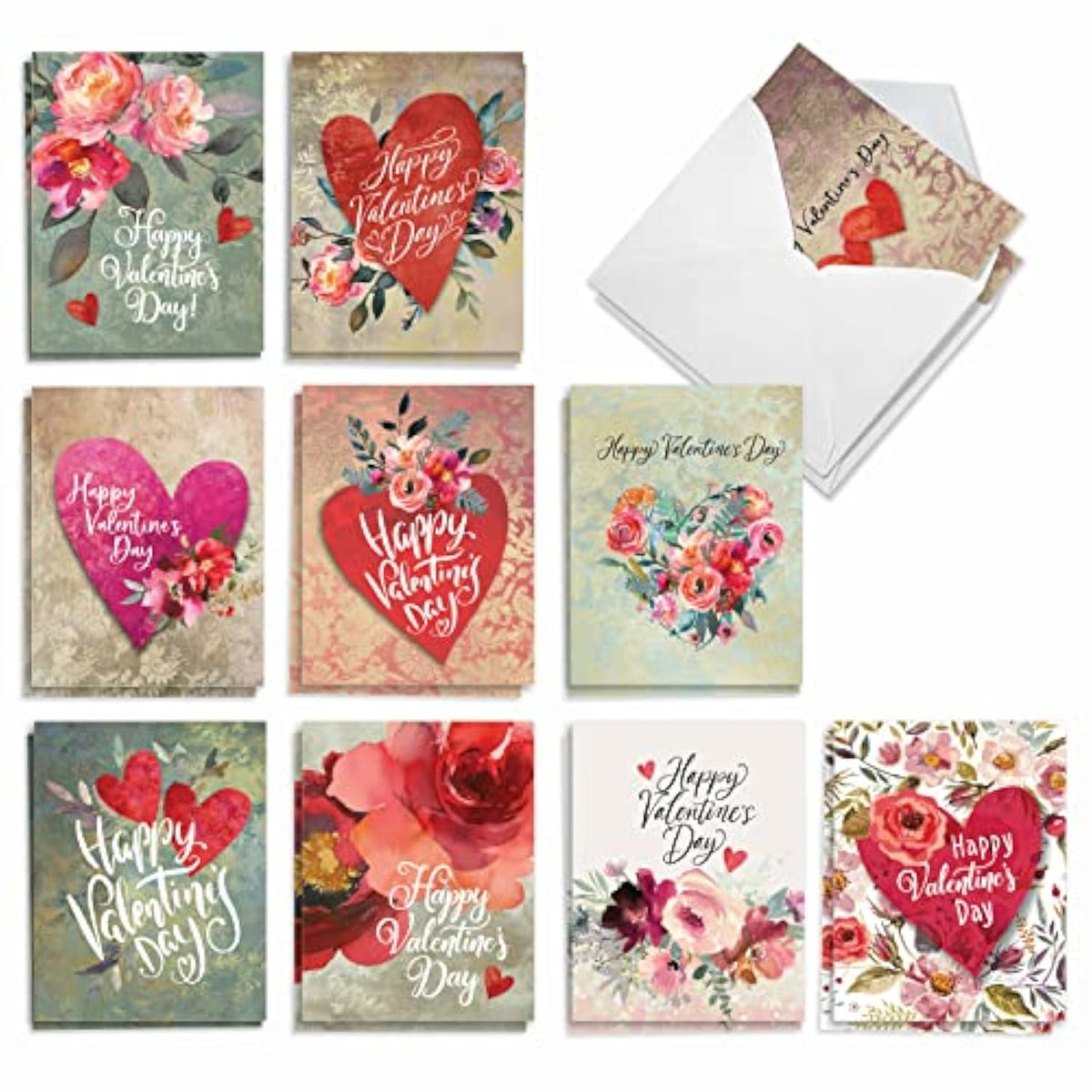 20 Assorted Valentine'S Day Note Cards Bulk Box Set 4 X 5.12 Inch With Envelopes (10 Designs, 2 Each) Hearts And Flowers Am10413Vdg-B2X10