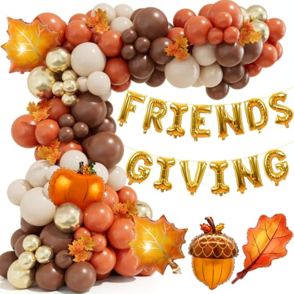 Fall Balloon Arch Kit Orange Brown White with Pumpkin Maple Leaf for Friendsgiving Party