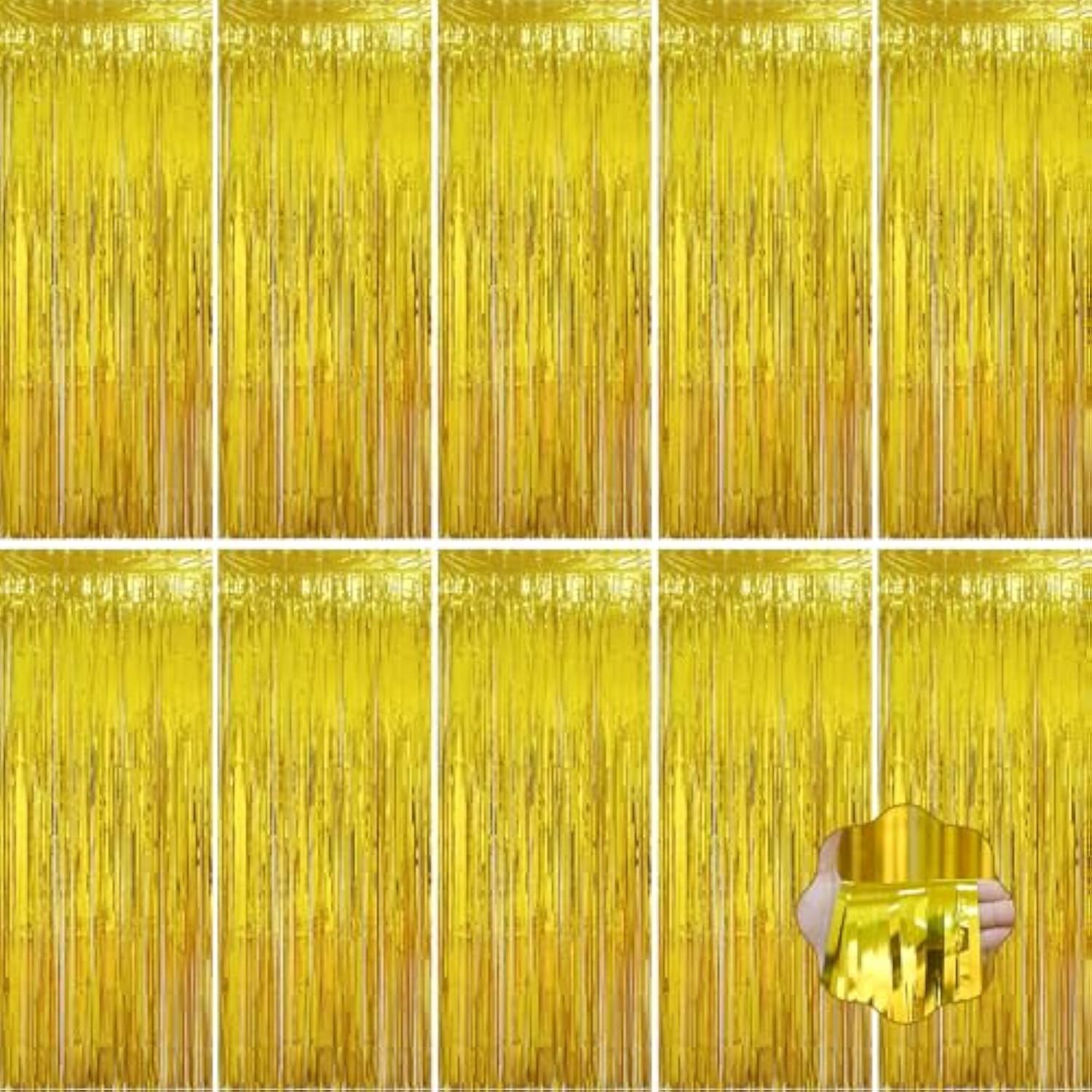 10 Pack Gold Foil Fringe Curtains 3.3x6.6ft Tinsel Backdrop for Parties