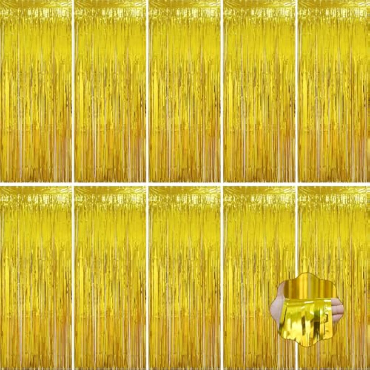 10 Pack Gold Foil Fringe Curtains 3.3x6.6ft Tinsel Backdrop for Parties