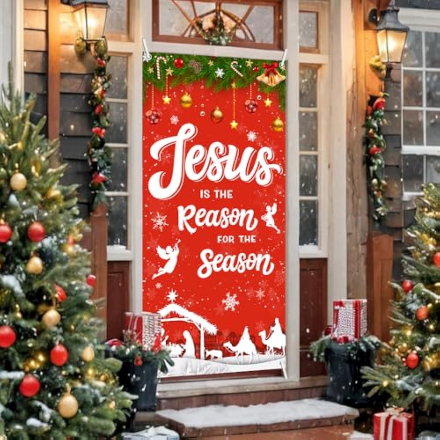 Christmas Decoration Outdoor Christmas Religious Door Cover Jesus Is The Reason For The Season Xmas Door Banner Christmas Nativity Banner For Winter Xmas Church Photo Booth Props 35.4X70.8 Inch