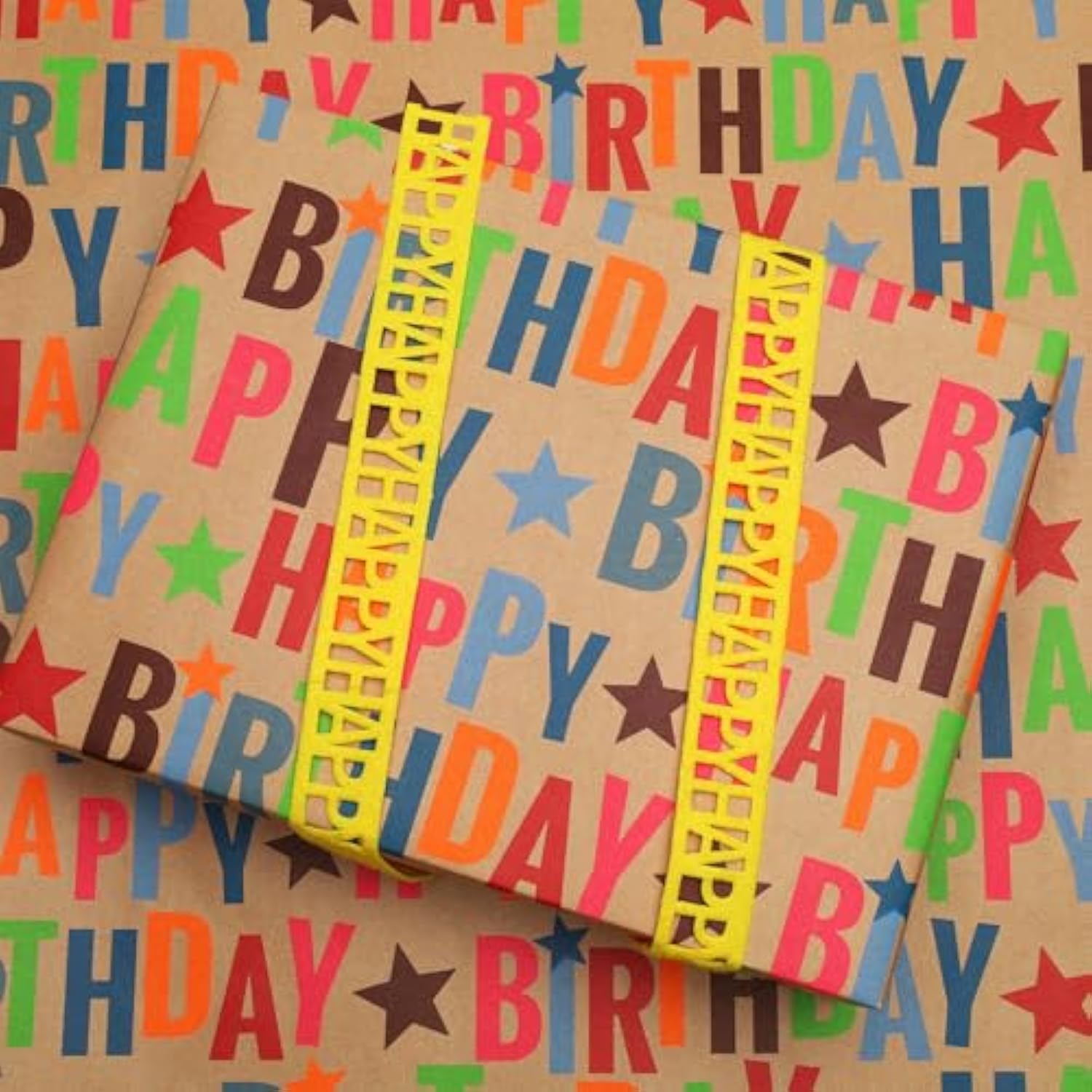 Kraft Birthday Wrapping Paper – Colorful Text Design, 17" x 33' Roll