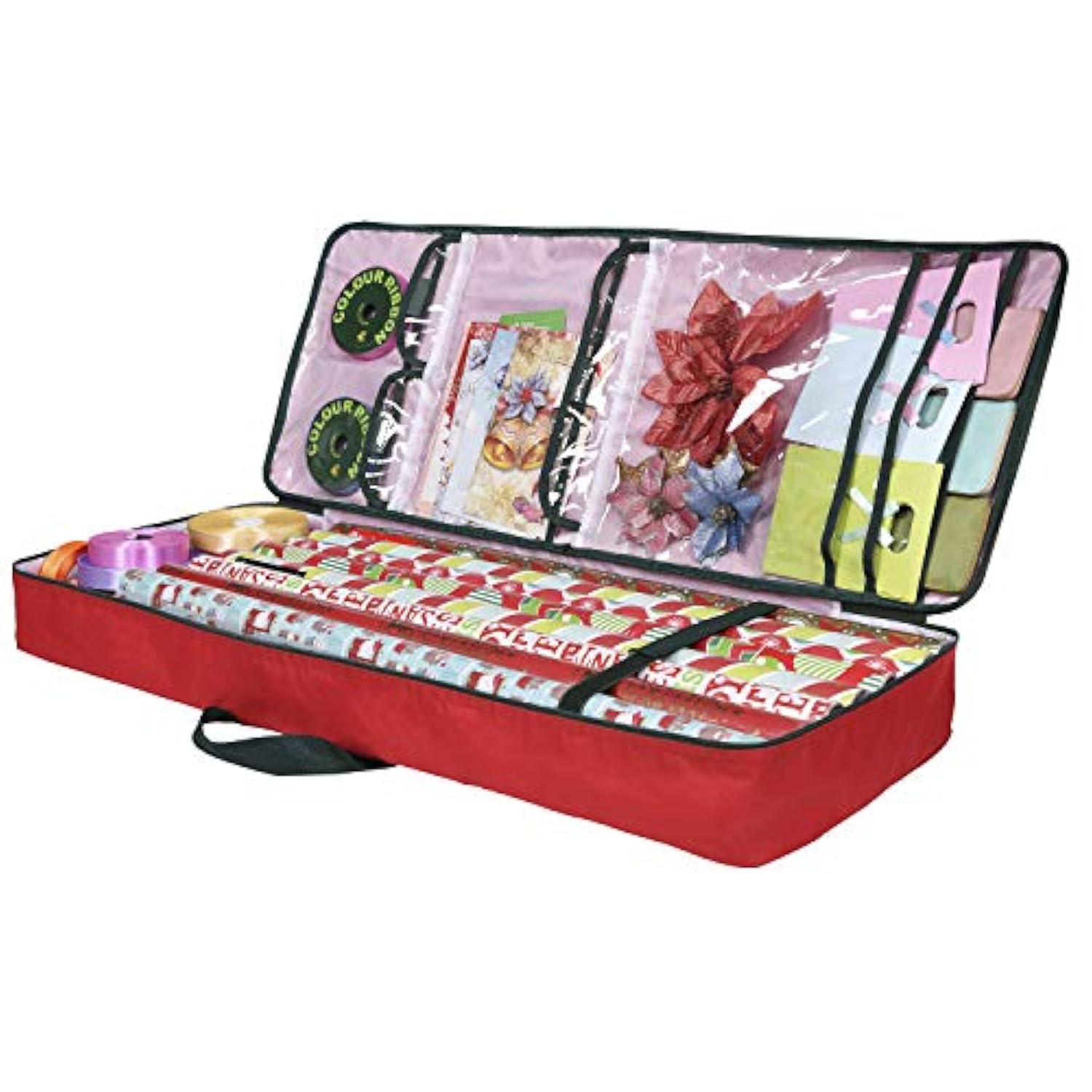 Christmas Wrapping Paper Storage Bag With Pockets | Gift Wrap Organizer Container | 37” X 14” X 4” | Underbed Durable Box Made Of 600D Oxford Material (Red)