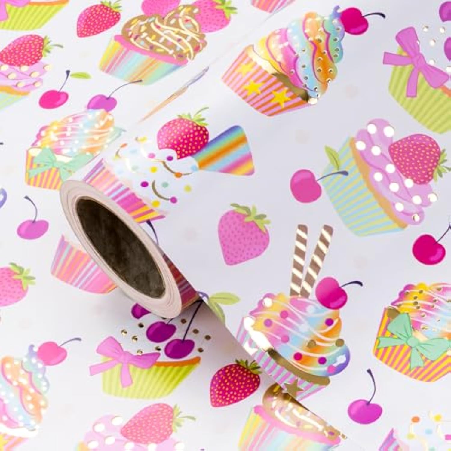 Foil Wrapping Paper - Mini Roll - 17 Inch X 16.5 Feet - Gold Foil Cupcakes Birthday Wrapping Paper For Kids Girls, Baby Showers, Weddings