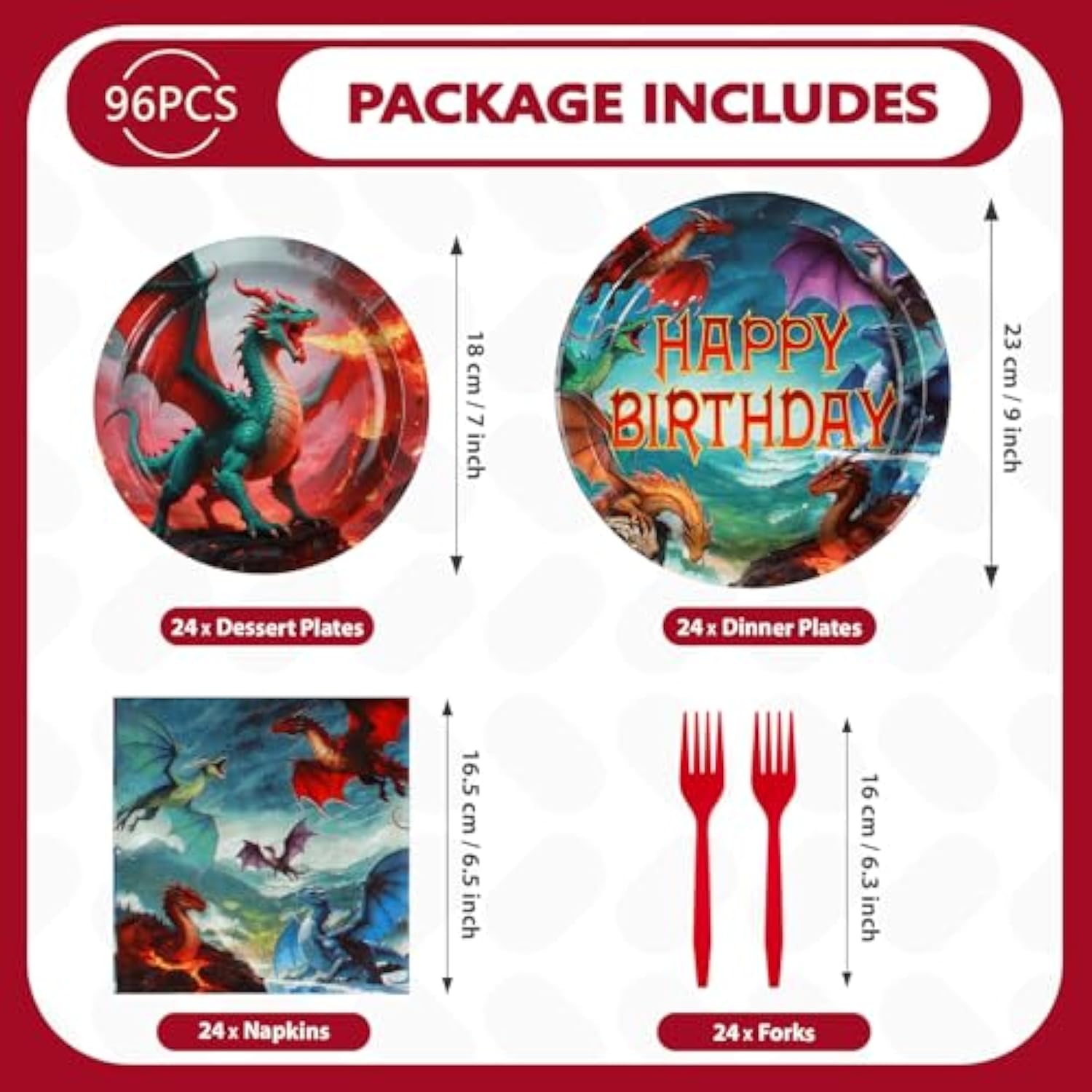 96Pcs Dragon Birthday Party Supplies - Red Fire Dragon Party Plates And Napkins Disposable Dragons Theme Dessert Tableware Set For Kids Boys Fantasy Birthday Supplies Serves 24