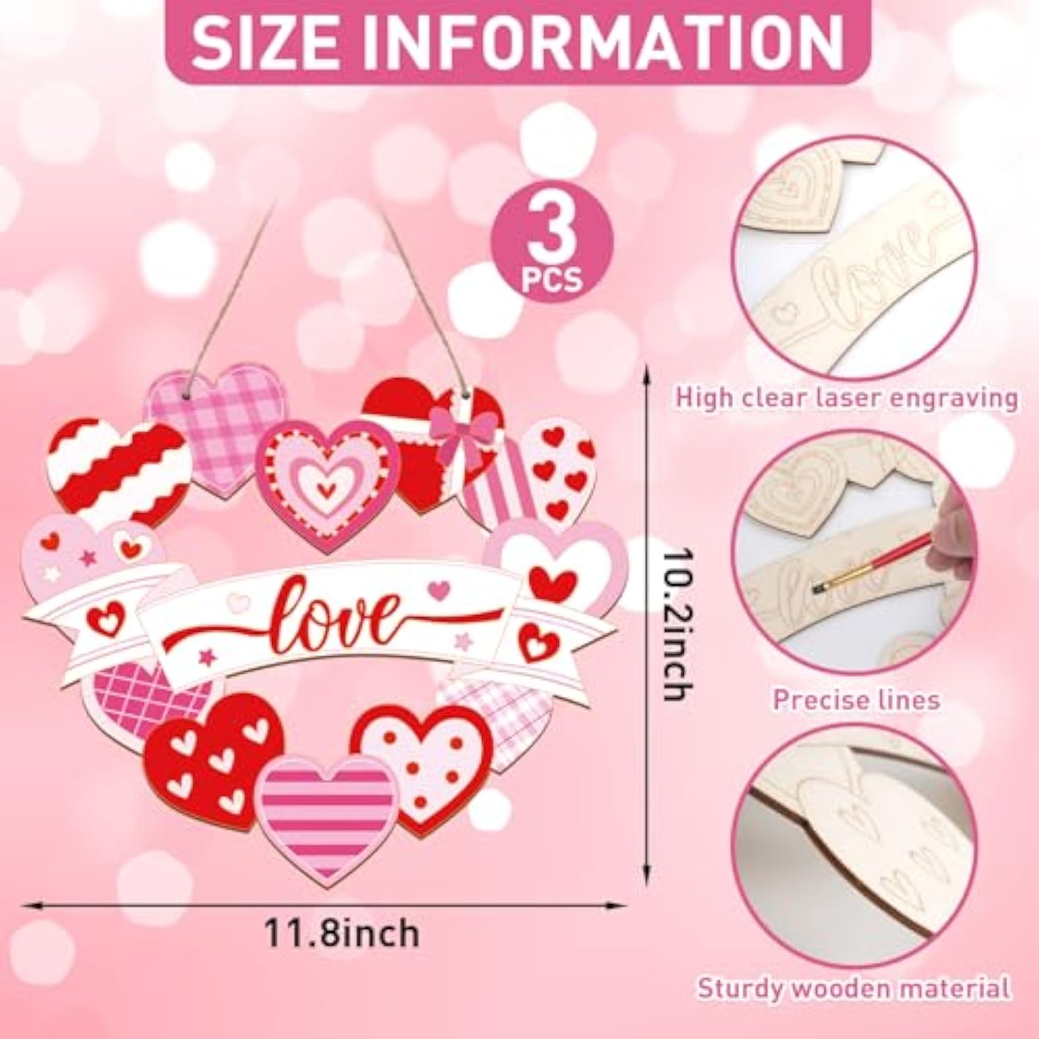 Paintable Valentines Ornaments 3 Sets, Wooden Valentines Ornaments To Paint, Unfinished Love Signs Wreaths Wood Crafts For Painting, Wooden Cutouts Diy Wood Crafts For Kids Adults Door Decor (Love