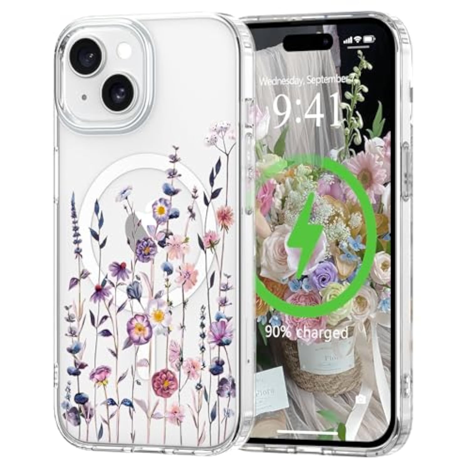 Clear Magnetic Floral iPhone 15 Case, Multi-Color, Protective and Stylish