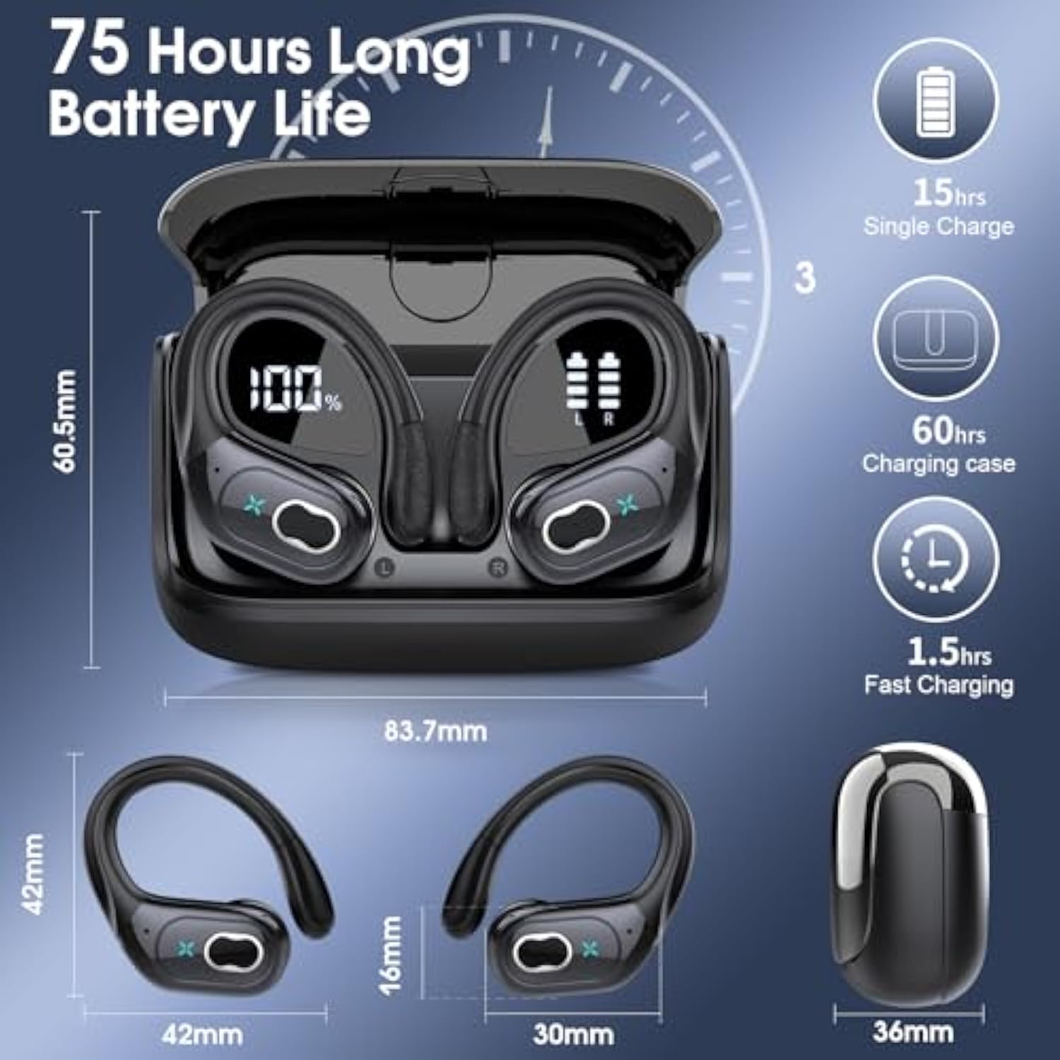 Wireless Earbuds 75Hrs Bluetooth 5.4 Headphone Sport, 2025 Bluetooth Earbuds Stereo Deep Bass Over Ear Bud With Earhooks, Enc Noise Cancelling Mic, Ipx7 Waterproof Earphone For Workout/Running