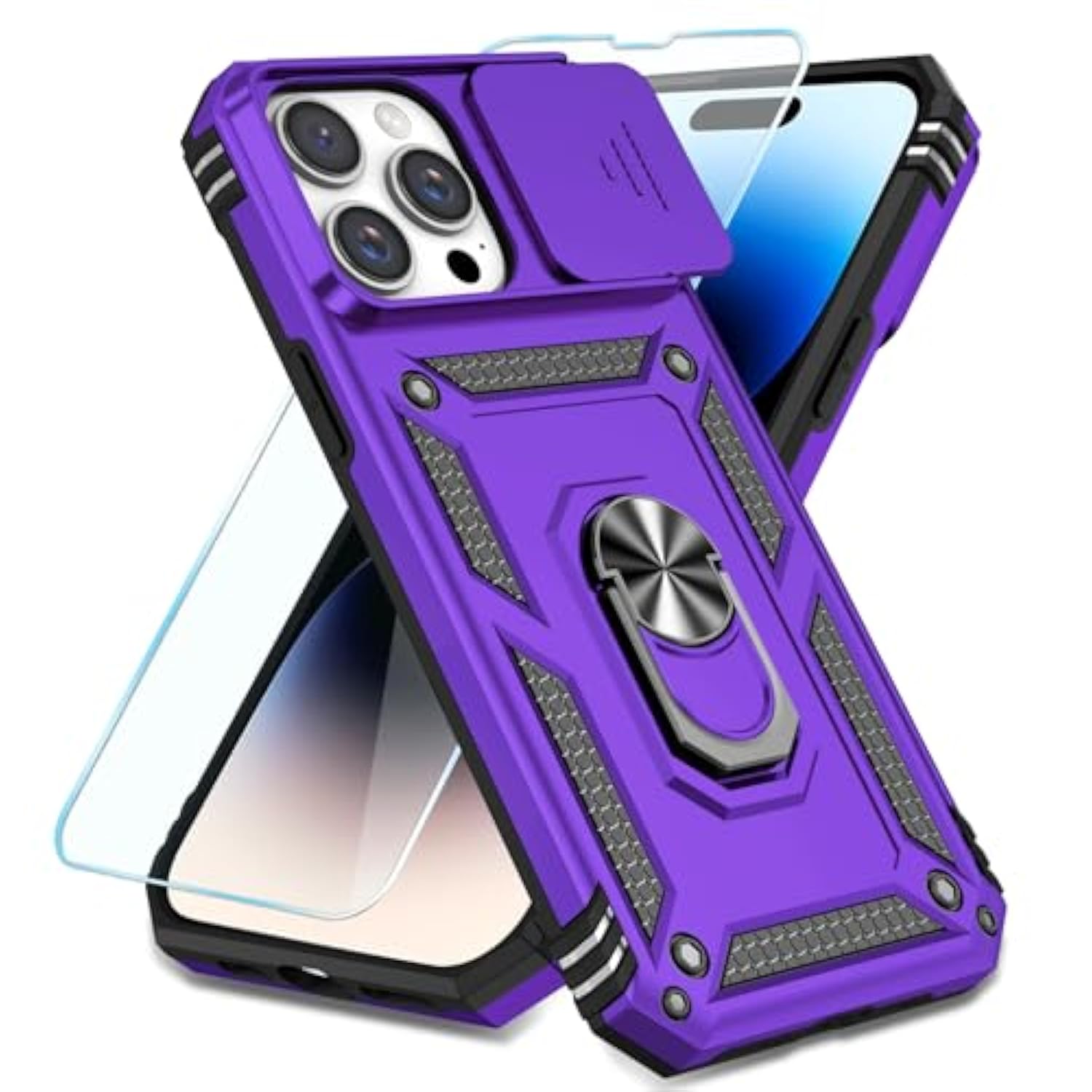 Compatible With Iphone 14 Pro Case With Hd Screen Protector & Slide Camera Cover & Rotated Ring Kickstand, [Military-Grade] Phone Case For Iphone 14 Pro (Purple)
