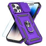 Compatible With Iphone 14 Pro Case With Hd Screen Protector & Slide Camera Cover & Rotated Ring Kickstand, [Military-Grade] Phone Case For Iphone 14 Pro (Purple)