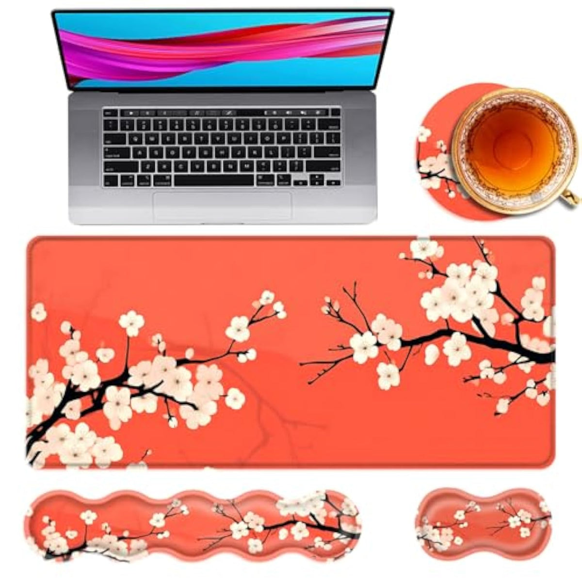 Large Mouse Pad And Keyboard Wrist Rest, Desk Pad For Keyboard And Mouse, 4-In-1 Large Gaming Mouse Pad With Wrist Support, Desk Mat For Home Office Study Game,Beautiful Flowers