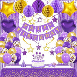 Purple Gold Birthday Party Decorations Supplies Happy Birthday Banner Honeycomb Balls Fringe Curtain Foil Balloons Hanging Swirls Cake Topper Tablecloth Party Supplies For Women Girls