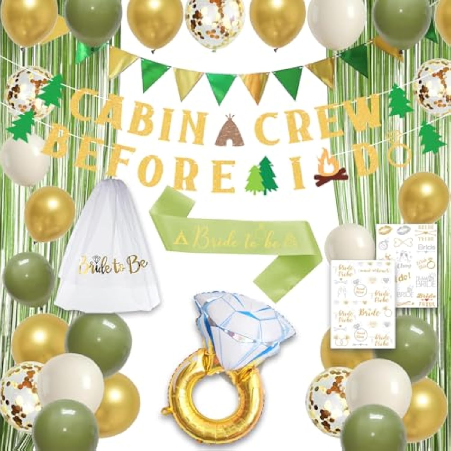 Camp Bachelorette Party Decorations, Green Bride To Be Sash Veil Fringe Curtain, Cabin Crew Before I Do Banner Balloons Temporary Tattoos Kit, Camping Themed Bridal Shower Wedding Decorations