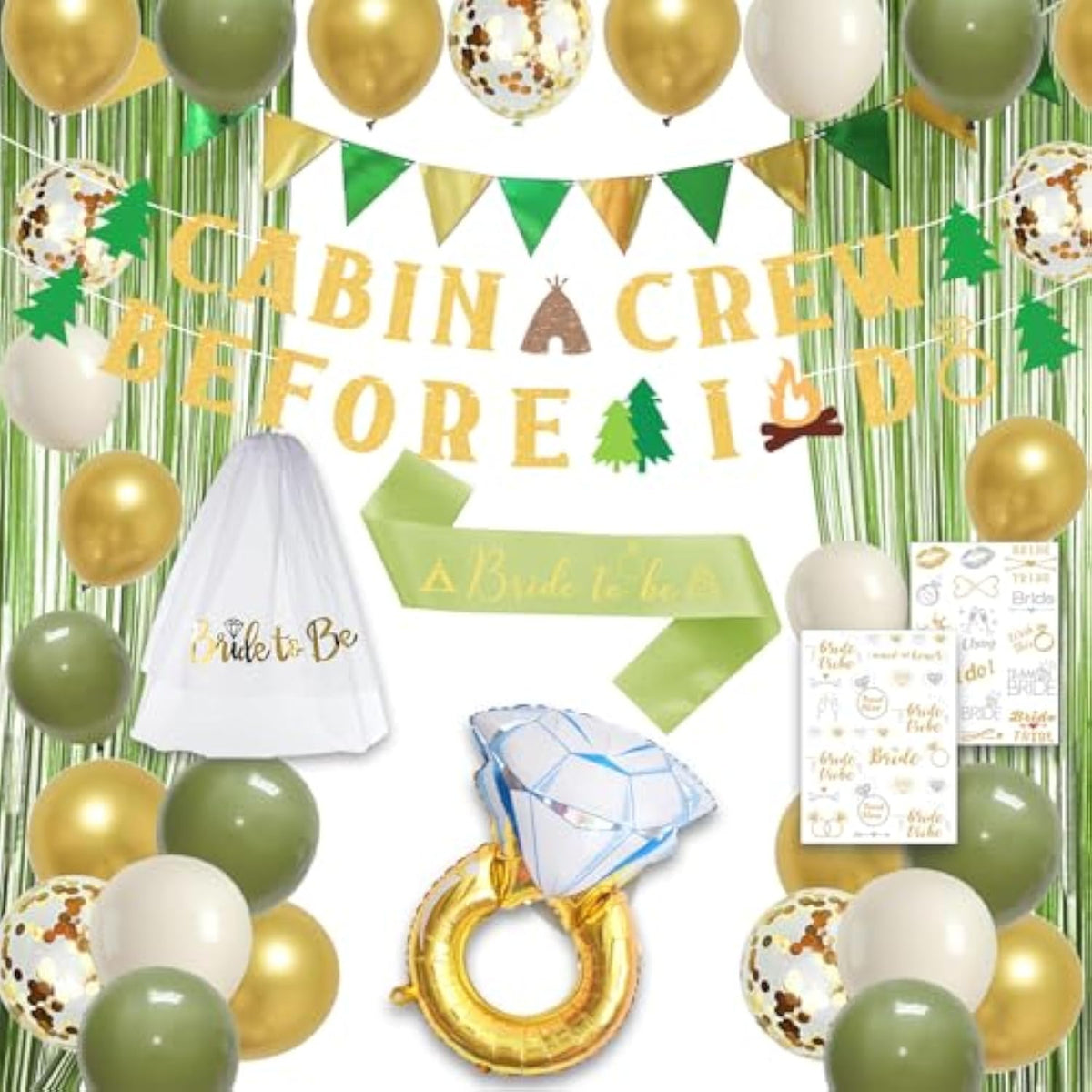 Camp Bachelorette Party Decorations, Green Bride To Be Sash Veil Fringe Curtain, Cabin Crew Before I Do Banner Balloons Temporary Tattoos Kit, Camping Themed Bridal Shower Wedding Decorations